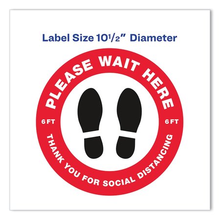 Avery Social Distancing Floor Decals, 10.5 in. dia, Please Wait Here, Red/White Face, Black Graphics, 5PK 83090